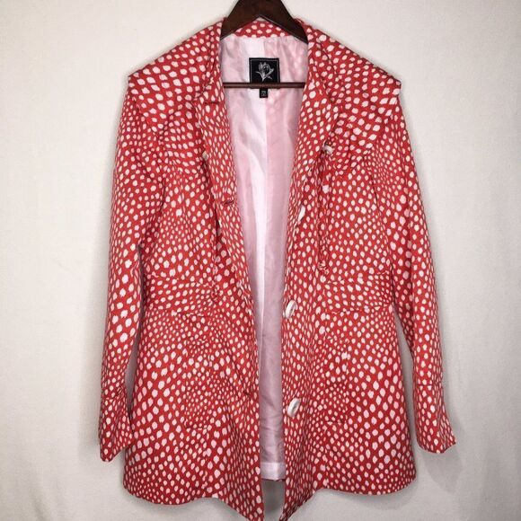 Abbie  Mags Red White Polka Dot Trench Coat - Picture 6 of 14